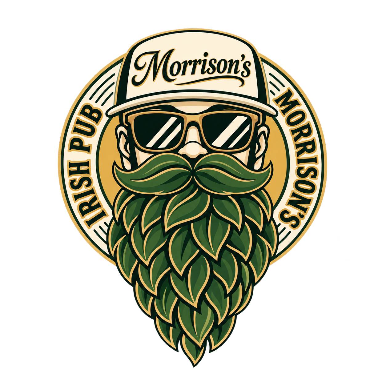 Logo Morrison’s Irish Pub: cappello, occhiali, baffi e barba a foglie di luppolo, nei toni verde e oro